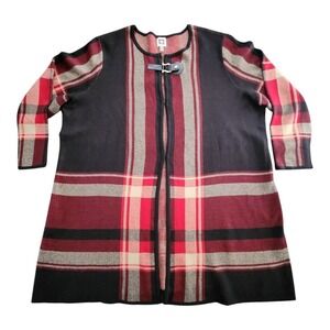 Anne Klein Womens Size 2X Longline Fire Red Multi Cardigan EUC‎ Plaid Preppy